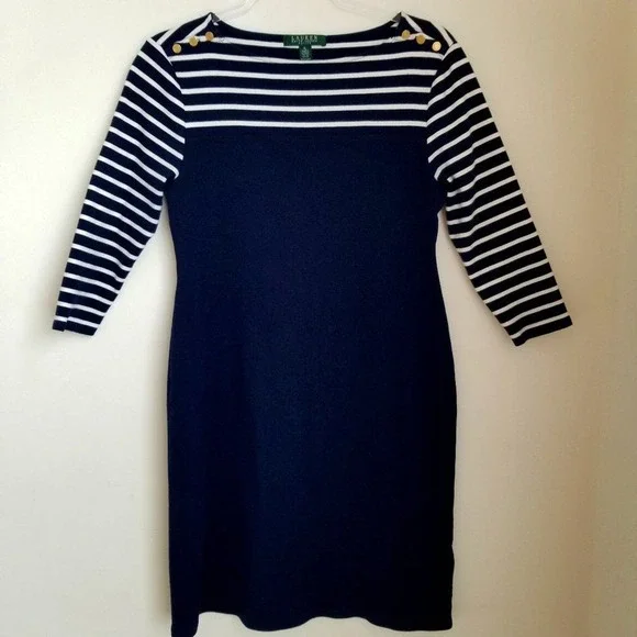 white christmas dresses Spanx Women's Cotton Boatneck Mini Dress in Ivory/Timeless Navy Size S main image 1